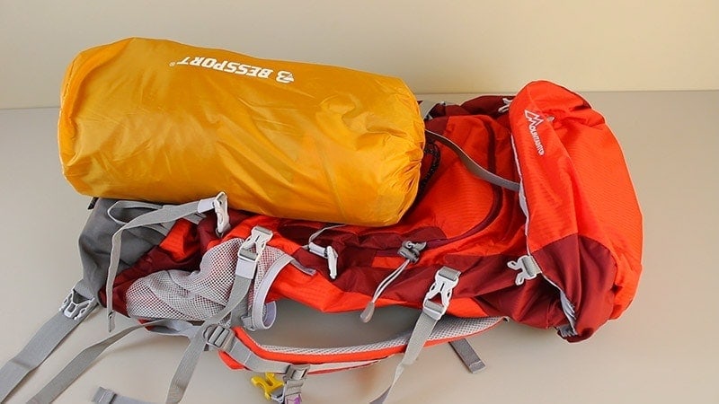 Bessport 2-person tent compared to a 55 liter backpack