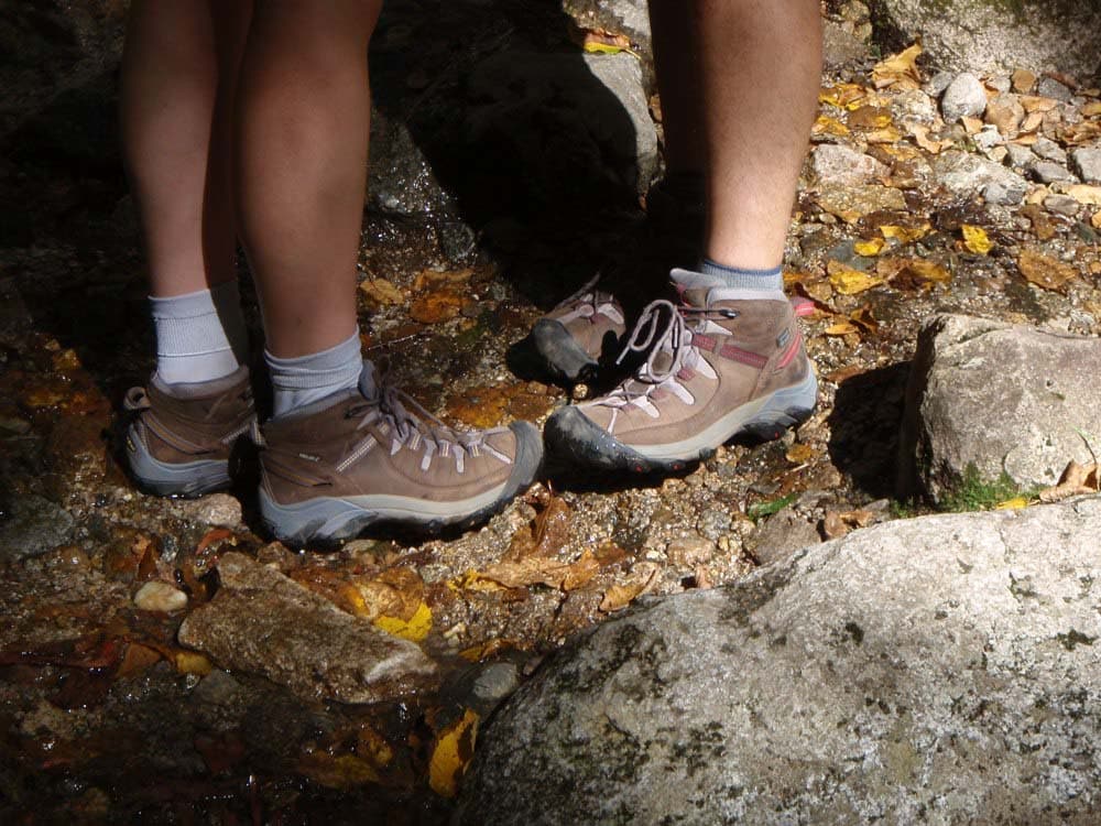 Two hikers wearing synthetic hiking socks