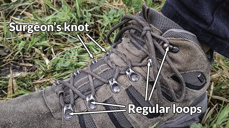 Hiking boot lacing technique to fix feet slipping up and down