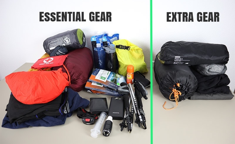 Hiking gear laid out on a table