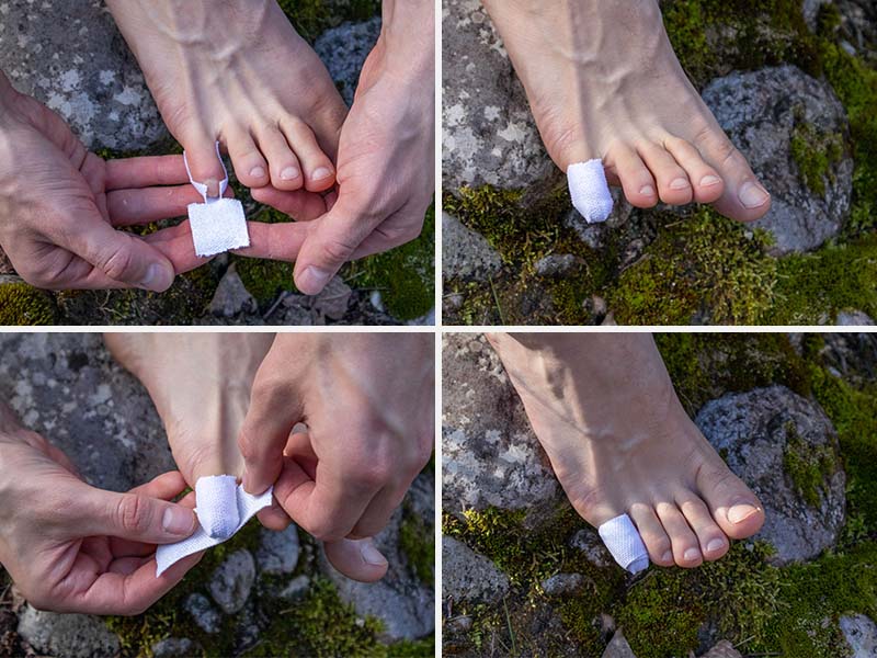 Showing a technique of how to tape blisters on toes
