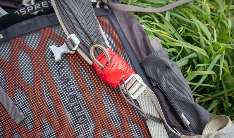 Showing the broken trekking pole holder on my Osprey Talon 44 backpack
