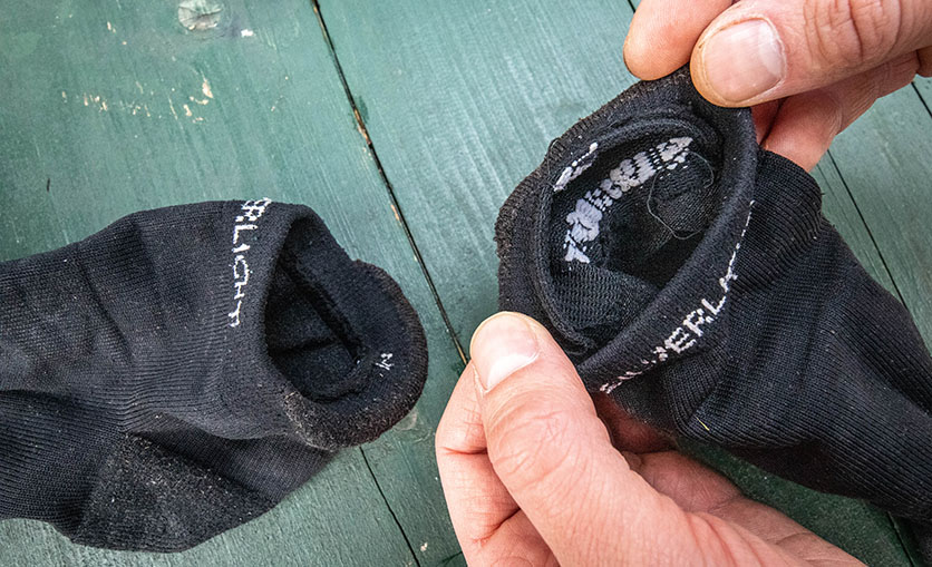 Showing the loose stitching on the silverlight hiking socks