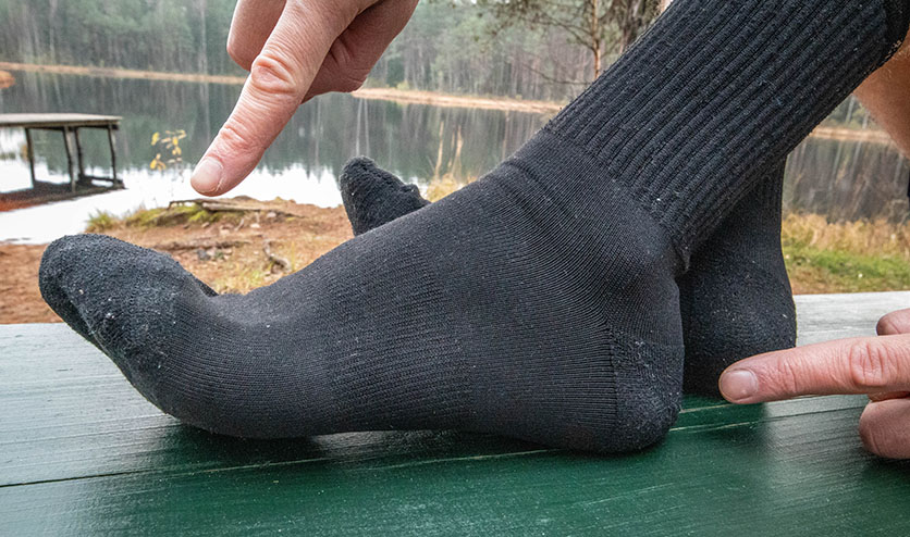 Showing the padding around the heel and the toebox on the silverlight hiking socks