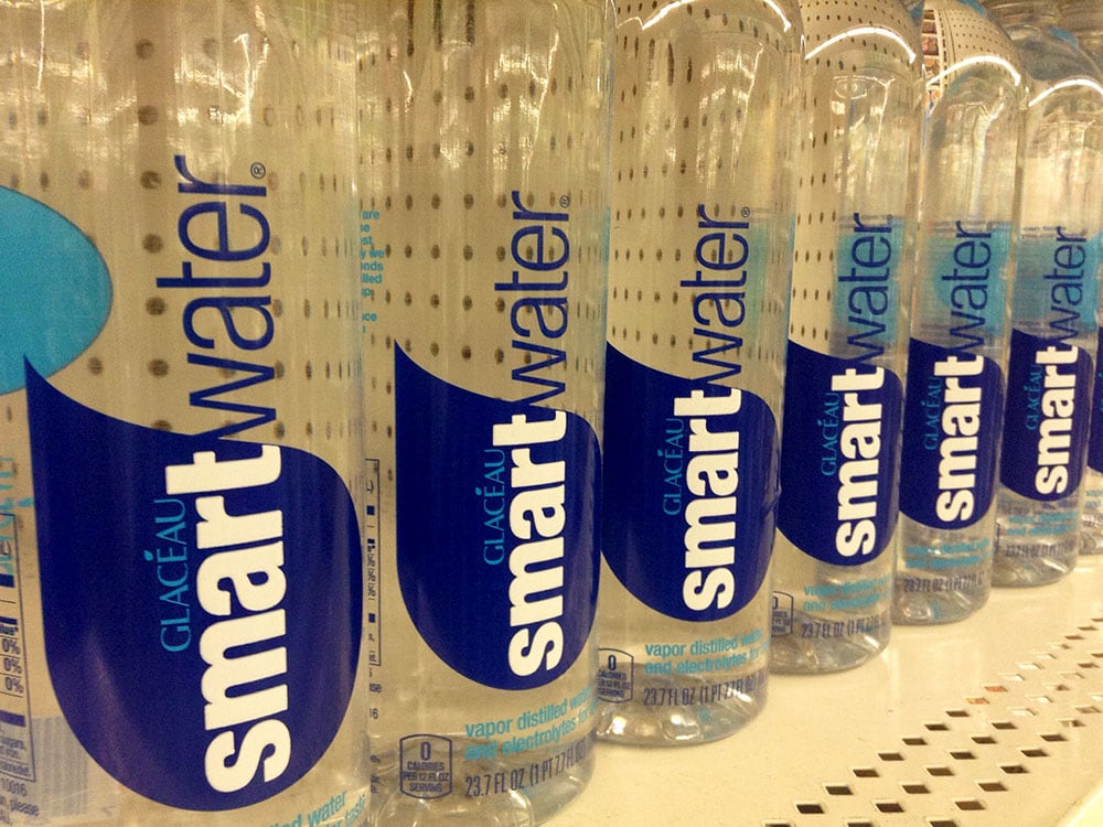 Smart Water bottles lined on a store shelf