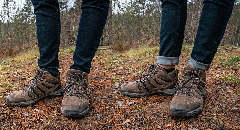 regular blue jeans cuffed vs uncuffed with mid-height hiking boots