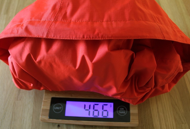 Weighing the North Face Resolve 2 rain jacket on a food scale